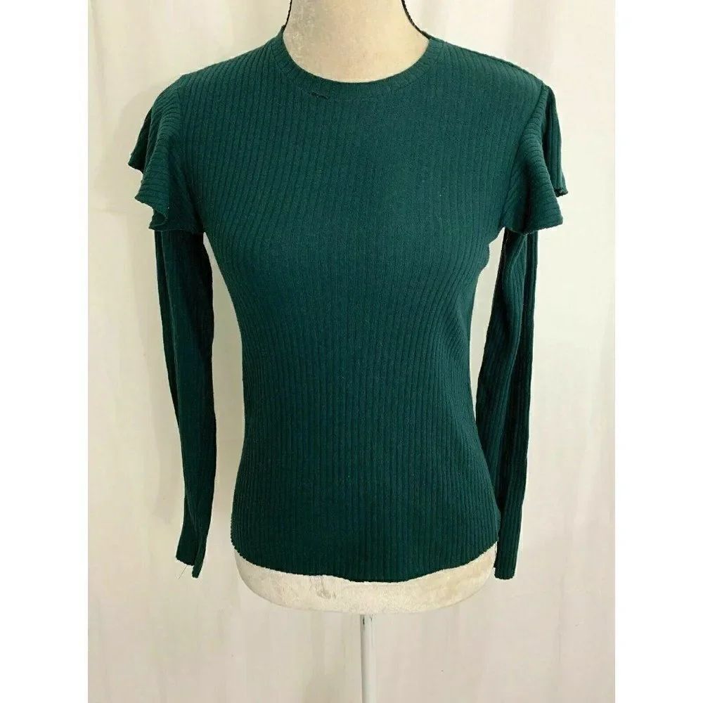 Zara Womens Solid Pine Green Long Sleeve Ribbed Sweater Top Large